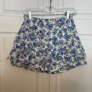 DO BE Floral Ruffle Skort Women S White Blue Purple Roses Tiered Ruffled Cottage